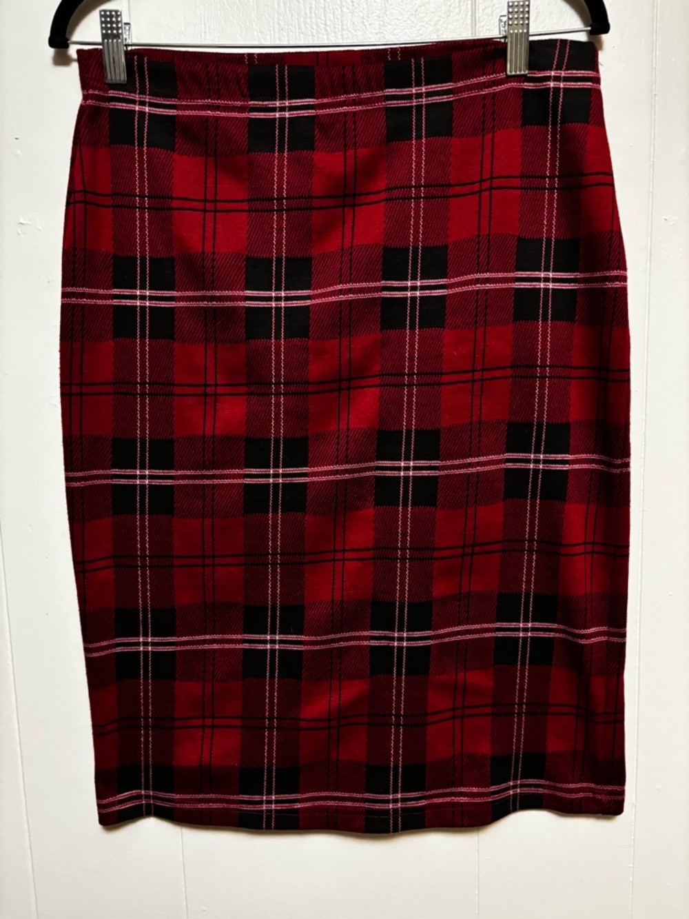 Philosophy Red Plaid Pencil Skirt with Black & Pink Accents